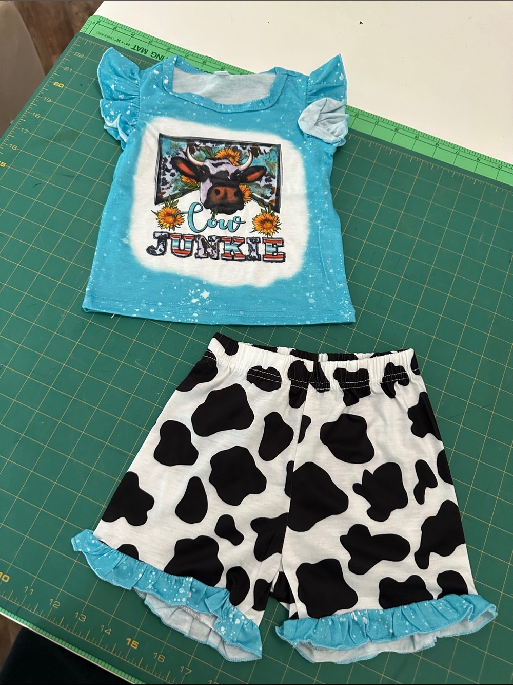 Cow Junkie Girls Matching Set - Turquoise Tee & Cowprint Shorts